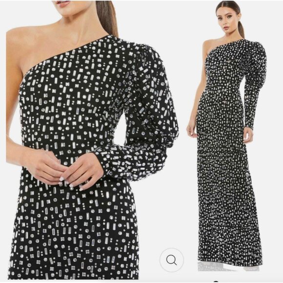MAC DUGGAL 10768 ONE SHOULDER PUFF LONG SLEEVE BLACK SILVER GOWN sz 4 - Picture 1 of 4